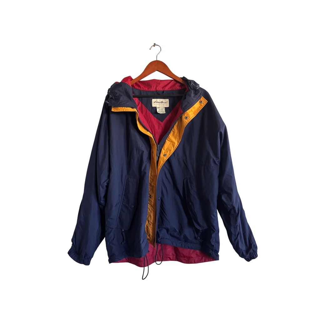 Eddie Bauer Mens Navy Red Yellow Colorblock Hooded‎ Windbreaker Jacket Size M